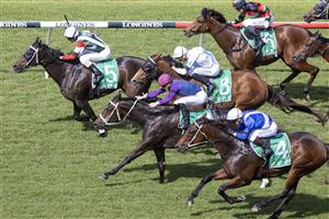 SYDNEY, AUSTRALIA - APRIL 24: James McDonald (pink cap) on Ahead Start wins race 1 the Vale Neville Layt Highway during Sydney Racing at Royal Randwick Racecourse on April 24, 2021 in Sydney, Australia. (Photo by Jenny Evans/Getty Images)