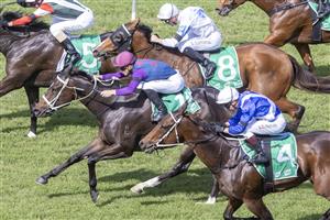 SYDNEY, AUSTRALIA - APRIL 24: James McDonald (pink cap) on Ahead Start wins race 1 the Vale Neville Layt Highway during Sydney Racing at Royal Randwick Racecourse on April 24, 2021 in Sydney, Australia. (Photo by Jenny Evans/Getty Images)