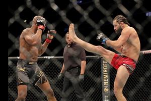 JACKSONVILLE, FL - APRIL 25: Jorge Masvidal of the United States attempts to kick Kamaru Usman of Nigeria during the Welterweight Title bout of UFC 261 at VyStar Veterans Memorial Arena on April 25, 2021 in Jacksonville, Florida. (Getty Images)