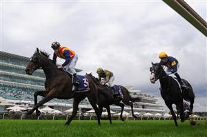 MELBOURNE, AUSTRALIA - APRIL 25: Mark Zahra riding Through Irish Eyes winning race 6, the Vrc St Leger, during Anzac Day Race Day at Flemington Racecourse on April 25, 2021 in Melbourne, Australia. (Photo by Vince Caligiuri/Getty Images)