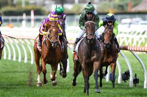 MELBOURNE, AUSTRALIA - APRIL 24: Michael Walker riding Brookspire winning Race 2, the Ern Jensen Funerals Handicap, during Melbourne Racing at Caulfield Racecourse on April 24, 2021 in Melbourne, Australia. (Photo by Vince Caligiuri/Getty Images)