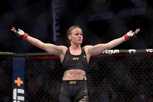 JACKSONVILLE, FL - APRIL 24: Valentina Shevchenko of Kyrgystan celebrates after beating Jessica Andrade of Brazil during the Womens Flyweight Title bout of UFC 261 at VyStar Veterans Memorial Arena on April 24, 2021 in Jacksonville, Florida. (Getty Images)