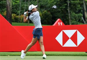 SINGAPORE, SINGAPORE - APRIL 27: Danielle Kang of the United States plays her shot from the ninth tee during a practice day prior to the HSBC Women's World Championship at Sentosa Golf Club on April 27, 2021 in Singapore. (Getty Images)
