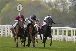 ASCOT, ENGLAND - APRIL 28: Angus Villiers riding Keyser Soze (black/grey) win The Women In Racing Manny Mercer Apprentice Handicap at Ascot Racecourse on April 28, 2021 in Ascot, England. Sporting venues around the UK remain under restrictions due to the Coronavirus Pandemic. Only owners are allowed to attend the meeting but the public must wait until further restrictions are lifted. (Photo by Alan Crowhurst/Getty Images)