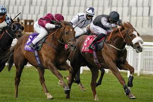 ASCOT, ENGLAND - APRIL 28: Angus Villiers riding Keyser Soze (black/grey) win The Women In Racing Manny Mercer Apprentice Handicap at Ascot Racecourse on April 28, 2021 in Ascot, England. Sporting venues around the UK remain under restrictions due to the Coronavirus Pandemic. Only owners are allowed to attend the meeting but the public must wait until further restrictions are lifted. (Photo by Alan Crowhurst/Getty Images)