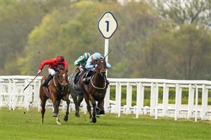 ASCOT, ENGLAND - APRIL 28: Charles Bishop riding Chipotle (red) win The Royal Ascot Two-Year-Old Trial Conditions Stakes at Ascot Racecourse on April 28, 2021 in Ascot, England. Sporting venues around the UK remain under restrictions due to the Coronavirus Pandemic. Only owners are allowed to attend the meeting but the public must wait until further restrictions are lifted. (Photo by Alan Crowhurst/Getty Images)