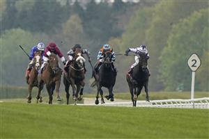 ASCOT, ENGLAND - APRIL 28: Angus Villiers riding Keyser Soze (black/grey) win The Women In Racing Manny Mercer Apprentice Handicap at Ascot Racecourse on April 28, 2021 in Ascot, England. Sporting venues around the UK remain under restrictions due to the Coronavirus Pandemic. Only owners are allowed to attend the meeting but the public must wait until further restrictions are lifted. (Photo by Alan Crowhurst/Getty Images)
