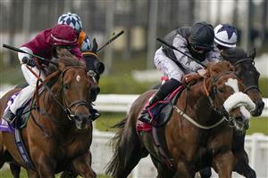 ASCOT, ENGLAND - APRIL 28: Angus Villiers riding Keyser Soze (black/grey) win The Women In Racing Manny Mercer Apprentice Handicap at Ascot Racecourse on April 28, 2021 in Ascot, England. Sporting venues around the UK remain under restrictions due to the Coronavirus Pandemic. Only owners are allowed to attend the meeting but the public must wait until further restrictions are lifted. (Photo by Alan Crowhurst/Getty Images)