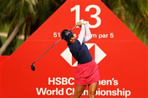 SINGAPORE, SINGAPORE - APRIL 30: Georgia Hall of England plays her shot from the 13th tee during the second round of the HSBC Women's World Championship at Sentosa Golf Club on April 30, 2021 in Singapore. (Getty Images)