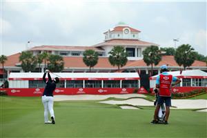 SINGAPORE, SINGAPORE - APRIL 30: Moriya Jutanugarn of Thailand hits her second shot on the 18th hole during the second round of the HSBC Women's World Championship at Sentosa Golf Club on April 30, 2021 in Singapore. (Getty Images)