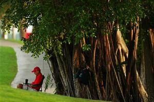 SINGAPORE, SINGAPORE - APRIL 30: A volunteer sits by a tree on the 12th hole as he waits for play to begin during the second round of the HSBC Women's World Championship at Sentosa Golf Club on April 30, 2021 in Singapore. (Getty Images)