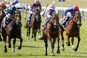 NEWMARKET, ENGLAND - MAY 01: Kevin Manning riding Poetic Flare (C, white) win The Qipco 2000 Guineas Stakes at Newmarket Racecourse on May 01, 2021 in Newmarket, England. Only owners are allowed to attend the meeting but the public must wait until further restrictions are lifted. (Photo by Alan Crowhurst/Getty Images)