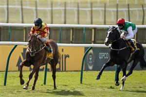 NEWMARKET, ENGLAND - MAY 01: Franny Norton riding Sir Ron Priestley (L) win The Betfair Exchange Jockey Club Stakes at Newmarket Racecourse on May 01, 2021 in Newmarket, England. Only owners are allowed to attend the meeting but the public must wait until further restrictions are lifted. (Photo by Alan Crowhurst/Getty Images)