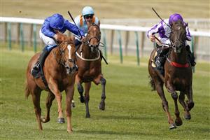 NEWMARKET, ENGLAND - MAY 01: William Buick riding Creative Force (blue) win The Read Ryan Moore On Betting Betfair Handicap at Newmarket Racecourse on May 01, 2021 in Newmarket, England. Only owners are allowed to attend the meeting but the public must wait until further restrictions are lifted. (Photo by Alan Crowhurst/Getty Images)
