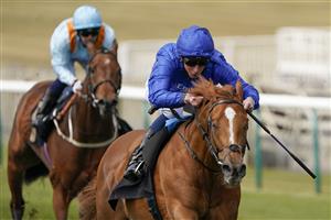 NEWMARKET, ENGLAND - MAY 01: William Buick riding Creative Force (blue) win The Read Ryan Moore On Betting Betfair Handicap at Newmarket Racecourse on May 01, 2021 in Newmarket, England. Only owners are allowed to attend the meeting but the public must wait until further restrictions are lifted. (Photo by Alan Crowhurst/Getty Images)
