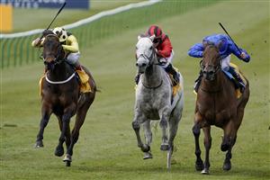 NEWMARKET, ENGLAND - MAY 01: William Buick riding Lazuli (blue) win The Betfair Palace House Stakes at Newmarket Racecourse on May 01, 2021 in Newmarket, England. Only owners are allowed to attend the meeting but the public must wait until further restrictions are lifted. (Photo by Alan Crowhurst/Getty Images)