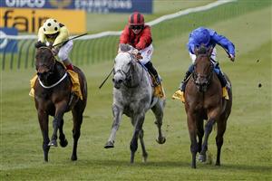 NEWMARKET, ENGLAND - MAY 01: William Buick riding Lazuli (blue) win The Betfair Palace House Stakes at Newmarket Racecourse on May 01, 2021 in Newmarket, England. Only owners are allowed to attend the meeting but the public must wait until further restrictions are lifted. (Photo by Alan Crowhurst/Getty Images)