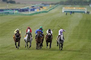 NEWMARKET, ENGLAND - MAY 01: William Buick riding Lazuli (blue) win The Betfair Palace House Stakes at Newmarket Racecourse on May 01, 2021 in Newmarket, England. Only owners are allowed to attend the meeting but the public must wait until further restrictions are lifted. (Photo by Alan Crowhurst/Getty Images)
