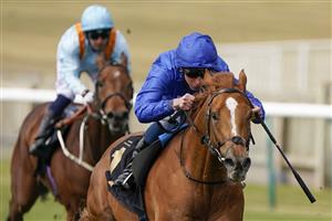 NEWMARKET, ENGLAND - MAY 01: William Buick riding Creative Force (blue) win The Read Ryan Moore On Betting Betfair Handicap at Newmarket Racecourse on May 01, 2021 in Newmarket, England. Only owners are allowed to attend the meeting but the public must wait until further restrictions are lifted. (Photo by Alan Crowhurst/Getty Images)