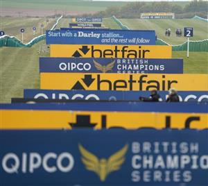NEWMARKET, ENGLAND - MAY 02: A general view as runners make their way down the track during The Betfair Pretty Polly Stakes at Newmarket Racecourse on May 02, 2021 in Newmarket, England. Only owners are allowed to attend the meeting but the public must wait until further restrictions are lifted. (Photo by Alan Crowhurst/Getty Images)