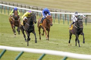 NEWMARKET, ENGLAND - MAY 02: Ben Curtis riding Mystery Angel win The Betfair Pretty Polly Stakes at Newmarket Racecourse on May 02, 2021 in Newmarket, England. Only owners are allowed to attend the meeting but the public must wait until further restrictions are lifted. (Photo by Alan Crowhurst/Getty Images)