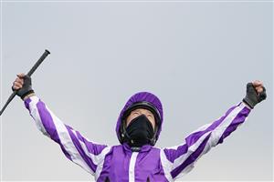 NEWMARKET, ENGLAND - MAY 02: Frankie Dettori celebrates after riding Mother Earth to win The Qipco 1000 Guineas Stakes at Newmarket Racecourse on May 02, 2021 in Newmarket, England. Only owners are allowed to attend the meeting but the public must wait until further restrictions are lifted. (Photo by Alan Crowhurst/Getty Images)