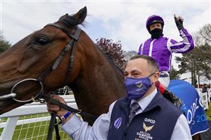 NEWMARKET, ENGLAND - MAY 02: Frankie Dettori celebrates after riding Mother Earth to win The Qipco 1000 Guineas Stakes at Newmarket Racecourse on May 02, 2021 in Newmarket, England. Only owners are allowed to attend the meeting but the public must wait until further restrictions are lifted. (Photo by Alan Crowhurst/Getty Images)