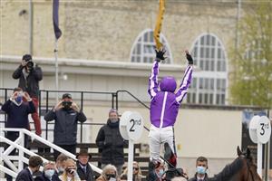 NEWMARKET, ENGLAND - MAY 02: Frankie Dettori celebrates after riding Mother Earth to win The Qipco 1000 Guineas Stakes at Newmarket Racecourse on May 02, 2021 in Newmarket, England. Only owners are allowed to attend the meeting but the public must wait until further restrictions are lifted. (Photo by Alan Crowhurst/Getty Images)