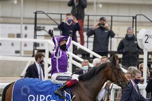 NEWMARKET, ENGLAND - MAY 02: Frankie Dettori celebrates after riding Mother Earth to win The Qipco 1000 Guineas Stakes at Newmarket Racecourse on May 02, 2021 in Newmarket, England. Only owners are allowed to attend the meeting but the public must wait until further restrictions are lifted. (Photo by Alan Crowhurst/Getty Images)
