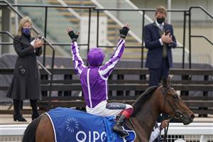 NEWMARKET, ENGLAND - MAY 02: Frankie Dettori celebrates after riding Mother Earth to win The Qipco 1000 Guineas Stakes at Newmarket Racecourse on May 02, 2021 in Newmarket, England. Only owners are allowed to attend the meeting but the public must wait until further restrictions are lifted. (Photo by Alan Crowhurst/Getty Images)