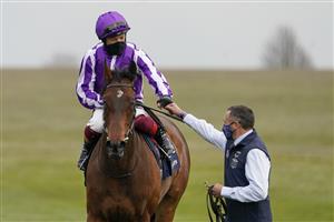 NEWMARKET, ENGLAND - MAY 02: Frankie Dettori celebrates after riding Mother Earth to win The Qipco 1000 Guineas Stakes at Newmarket Racecourse on May 02, 2021 in Newmarket, England. Only owners are allowed to attend the meeting but the public must wait until further restrictions are lifted. (Photo by Alan Crowhurst/Getty Images)
