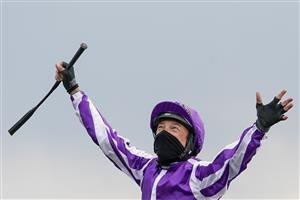 NEWMARKET, ENGLAND - MAY 02: Frankie Dettori celebrates after riding Mother Earth to win The Qipco 1000 Guineas Stakes at Newmarket Racecourse on May 02, 2021 in Newmarket, England. Only owners are allowed to attend the meeting but the public must wait until further restrictions are lifted. (Photo by Alan Crowhurst/Getty Images)