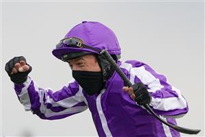 NEWMARKET, ENGLAND - MAY 02: Frankie Dettori celebrates after riding Mother Earth to win The Qipco 1000 Guineas Stakes at Newmarket Racecourse on May 02, 2021 in Newmarket, England. Only owners are allowed to attend the meeting but the public must wait until further restrictions are lifted. (Photo by Alan Crowhurst/Getty Images)