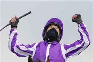 NEWMARKET, ENGLAND - MAY 02: Frankie Dettori celebrates after riding Mother Earth to win The Qipco 1000 Guineas Stakes at Newmarket Racecourse on May 02, 2021 in Newmarket, England. Only owners are allowed to attend the meeting but the public must wait until further restrictions are lifted. (Photo by Alan Crowhurst/Getty Images)