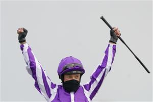 NEWMARKET, ENGLAND - MAY 02: Frankie Dettori celebrates after riding Mother Earth to win The Qipco 1000 Guineas Stakes at Newmarket Racecourse on May 02, 2021 in Newmarket, England. Only owners are allowed to attend the meeting but the public must wait until further restrictions are lifted. (Photo by Alan Crowhurst/Getty Images)