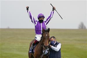 NEWMARKET, ENGLAND - MAY 02: Frankie Dettori celebrates after riding Mother Earth to win The Qipco 1000 Guineas Stakes at Newmarket Racecourse on May 02, 2021 in Newmarket, England. Only owners are allowed to attend the meeting but the public must wait until further restrictions are lifted. (Photo by Alan Crowhurst/Getty Images)
