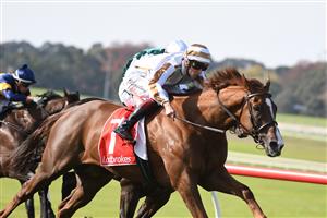MELBOURNE, AUSTRALIA - MAY 01: Fred Kersley riding Dice Roll winning race 5, the Ladbrokes Bet Ticker Handicap, during Melbourne Racing at Sandown Hillside on May 01, 2021 in Melbourne, Australia. (Photo by Vince Caligiuri/Getty Images)