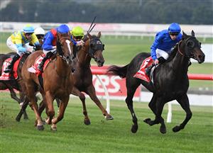 MELBOURNE, AUSTRALIA - MAY 01: Ben Allen riding Valaquenta winning Race 9, the Ladbrokes Easy Form Handicap, during Melbourne Racing at Sandown Hillside on May 01, 2021 in Melbourne, Australia. (Photo by Vince Caligiuri/Getty Images)