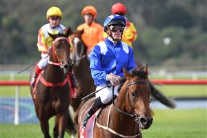MELBOURNE, AUSTRALIA - MAY 01: Blaike McDougall after riding Qeyaady to win Race 1, the Ladbrokes Handicap, during Melbourne Racing at Sandown Hillside on May 01, 2021 in Melbourne, Australia. (Photo by Vince Caligiuri/Getty Images)
