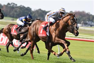 MELBOURNE, AUSTRALIA - MAY 01: Fred Kersley riding Dice Roll winning race 5, the Ladbrokes Bet Ticker Handicap, during Melbourne Racing at Sandown Hillside on May 01, 2021 in Melbourne, Australia. (Photo by Vince Caligiuri/Getty Images)