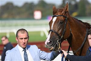 MELBOURNE, AUSTRALIA - MAY 01: Trainer Nick Ryan poses with Dice Roll after winning race 5, the Ladbrokes Bet Ticker Handicap, during Melbourne Racing at Sandown Hillside on May 01, 2021 in Melbourne, Australia. (Photo by Vince Caligiuri/Getty Images)