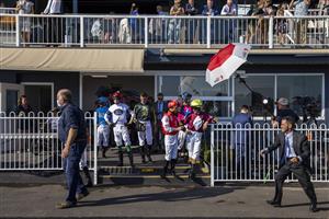 SYDNEY, AUSTRALIA - MAY 01: Jockeys are seen in the mounting enclosure during Hawkesbury Cup Race Day at Hawkesbury Race Club on May 01, 2021 in Sydney, Australia. (Photo by Jenny Evans/Getty Images)