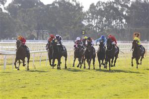 SYDNEY, AUSTRALIA - MAY 01: Sam Clipperton on Exoboom wins wins race 7 the Blacktown Workers Club Group Hawkesbury Guineas during Hawkesbury Cup Race Day at Hawkesbury Race Club on May 01, 2021 in Sydney, Australia. (Photo by Jenny Evans/Getty Images)