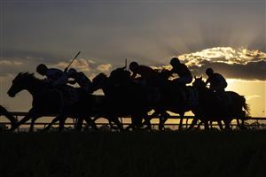 SYDNEY, AUSTRALIA - MAY 01: Horses are silhouetted for the running of race 9 the Happy 70Th Evelyn Benchmark 78 Handicap during Hawkesbury Cup Race Day at Hawkesbury Race Club on May 01, 2021 in Sydney, Australia. (Photo by Jenny Evans/Getty Images)