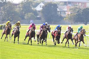 MELBOURNE, AUSTRALIA - MAY 01: John Allen riding Grand Promenade (r) leading around the home turn before winning Race 4, the Ladbroke It Handicap, during Melbourne Racing at Sandown Hillside on May 01, 2021 in Melbourne, Australia. (Photo by Vince Caligiuri/Getty Images)