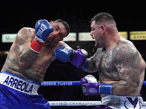 CARSON, CALIFORNIA - MAY 01: (R-L) Andy Ruiz punches Chris Arreola to a 12 round unanimous decision, during a heavyweight bout at Dignity Health Sports Park on May 01, 2021 in Carson, California. (Getty Images)
