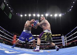 CARSON, CALIFORNIA - MAY 01: (R-L) Andy Ruiz punches Chris Arreola to a 12 round unanimous decision, during a heavyweight bout at Dignity Health Sports Park on May 01, 2021 in Carson, California. (Getty Images)