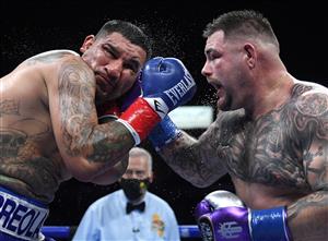 CARSON, CALIFORNIA - MAY 01: (R-L) Andy Ruiz punches Chris Arreola to a 12 round unanimous decision, during a heavyweight bout at Dignity Health Sports Park on May 01, 2021 in Carson, California. (Getty Images)