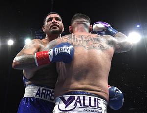 CARSON, CALIFORNIA - MAY 01: Chris Arreola and Andy Ruiz embrace at the end of their fight, Ruiz would win in a 12 round unanimous decision, during a heavyweight bout at Dignity Health Sports Park on May 01, 2021 in Carson, California. (Getty Images)