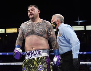 CARSON, CALIFORNIA - MAY 01: Andy Ruiz reacts as he heads to a corner for a count from referee Jack Reiss during his fight against Chris Arreola, Ruiz would win in a 12 round unanimous decision, during a heavyweight bout at Dignity Health Sports Park on May 01, 2021 in Carson, California. (Getty Images)